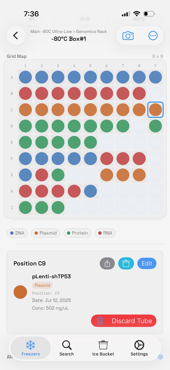 CryoStats on iPhone showing a 9x9 grid map of a -80°C sample box with color-coded DNA, plasmid, protein, and RNA tubes and the selected plasmid sample's details