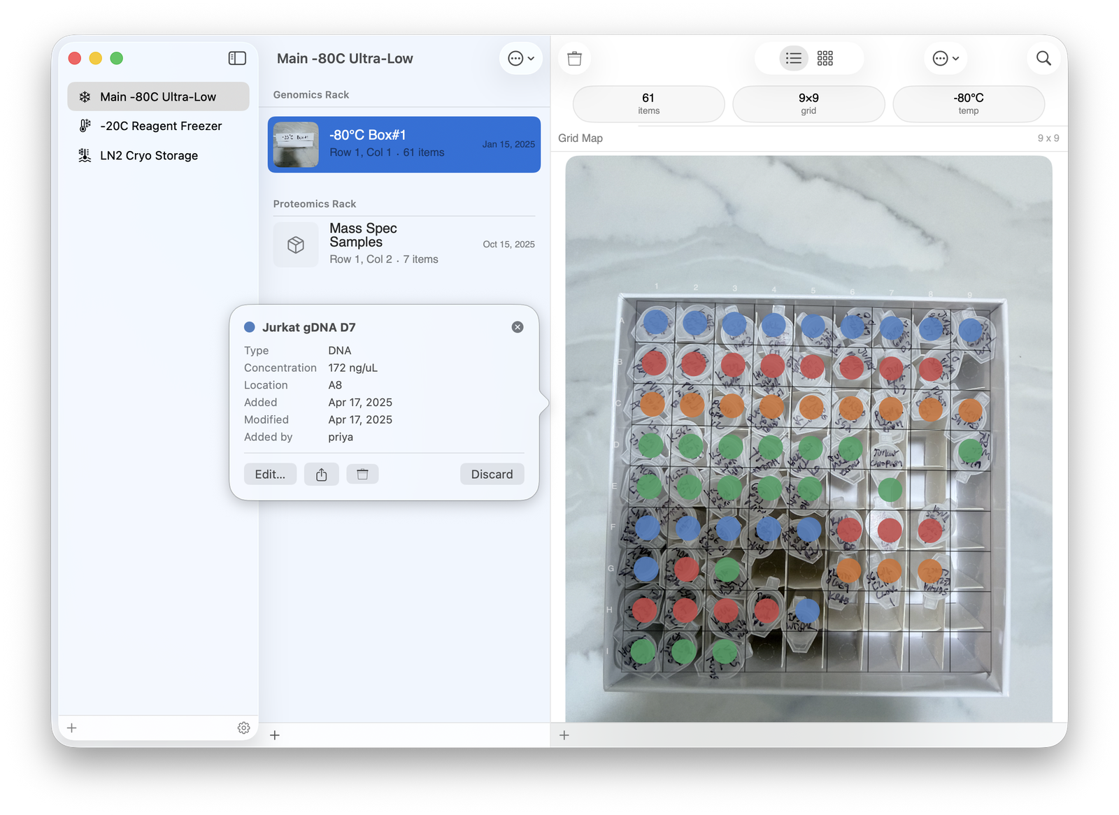 CryoStats for Mac, three-column window showing the freezer sidebar, a sample list with an open inspector card, and a color-coded grid map of a sample box