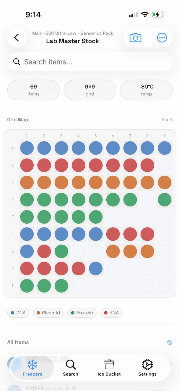 CryoStats grid map view with a search bar, showing a 9x9 box of color-coded sample tubes