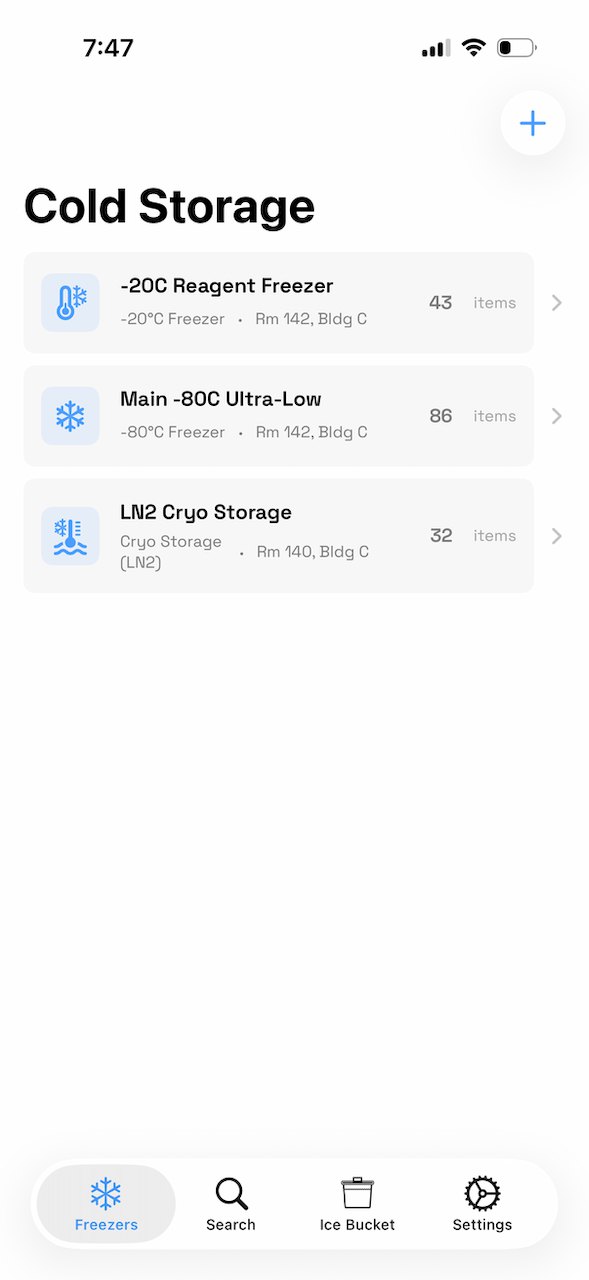 CryoStats Cold Storage list showing three freezers with item counts and locations