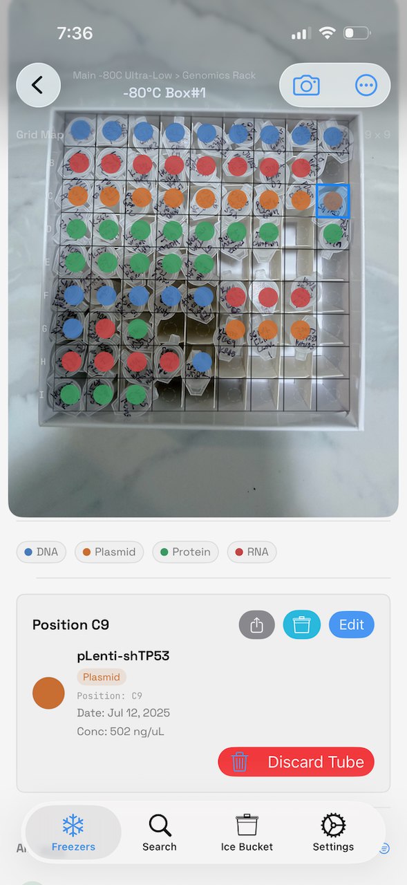 CryoStats box view overlaying color-coded sample positions on a real photo of a sample box