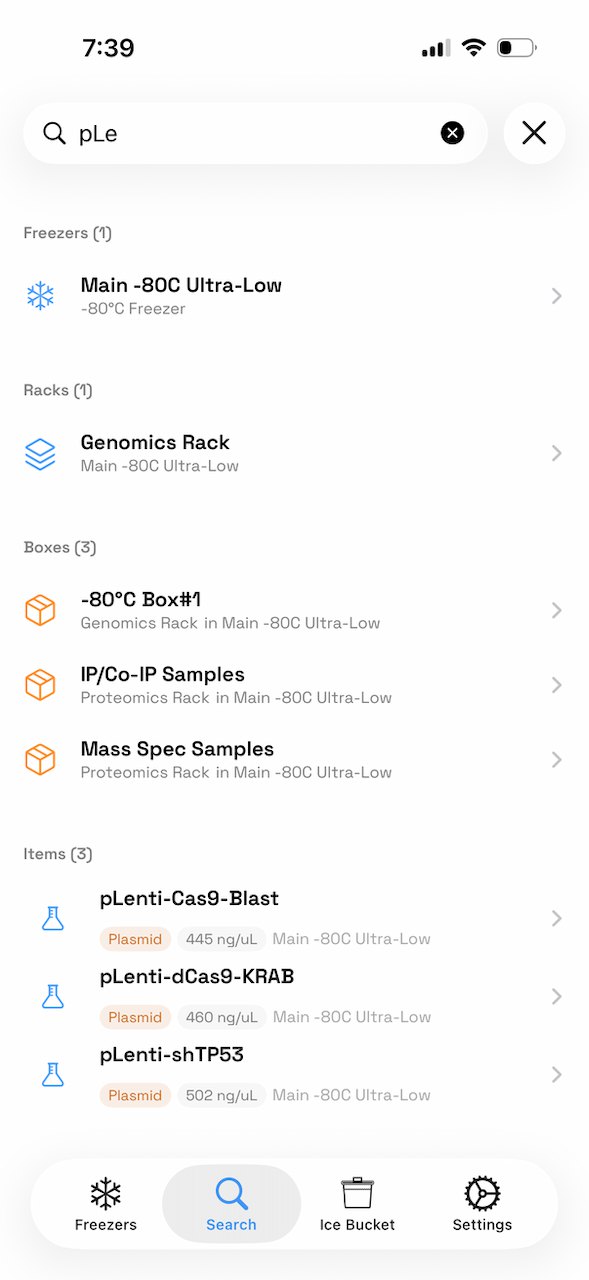CryoStats dynamic search results grouped by freezers, racks, boxes, and items