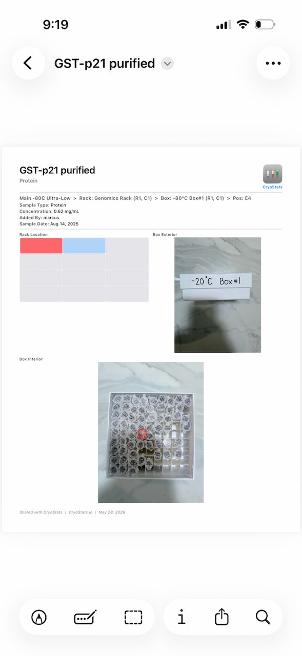 CryoStats sample PDF summary with location, photos, and notes ready to share
